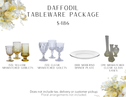 Tableware package includes 55 yellow goblets, 55 clear glass goblets, 100 glass dinner plates, 39 mismatched glass vases.