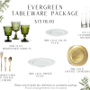 Tableware package includes 100 olive green goblets, 100 white dinner and salad plates, 13 sets of clear cylinder votives, 100 vintage gold flatware, and 100 gold vintage chargers.