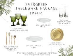 Tableware package includes 100 olive green goblets, 100 white dinner and salad plates, 13 sets of clear cylinder votives, 100 vintage gold flatware, and 100 gold vintage chargers.