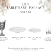 Tableware package includes 100 matching clear glass goblets. 100 white salad and dinner plates, 13 sets of clear cylinder votives.