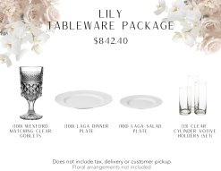 Tableware package includes 100 matching clear glass goblets. 100 white salad and dinner plates, 13 sets of clear cylinder votives.