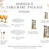 Tableware package includes 100 amber mismatched goblets, 100 white salad and dinner plates, 78 small, medium, and large brass candlesticks.