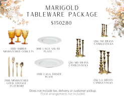 Tableware package includes 100 amber mismatched goblets, 100 white salad and dinner plates, 78 small, medium, and large brass candlesticks.