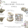 Tableware package includes, 100 mismatched tea cups and saucer, 100 mismatched china dinner plates, 13 teapots, 13 creamer, and 13 sugar bowls. Everything i vintage, mismatched,
