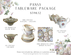 Tableware package includes, 100 mismatched tea cups and saucer, 100 mismatched china dinner plates, 13 teapots, 13 creamer, and 13 sugar bowls. Everything i vintage, mismatched,