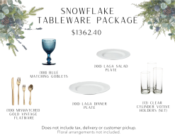 100 matching dark blue goblets, 100 white salad/dinner plates, 100 vintage gold flatware, and 13 clear glass cylinder votives.