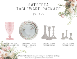 100 matching blush goblets, 100 pink vintage dinner and salad plates, 39 medium glass candlesticks, and 39 small glass candlesticks.