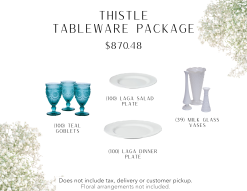 100 teal goblets, 100 white dinner and salad plates, and 39 milk glass bud vases.