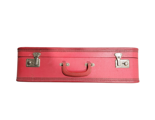 Red leather suitcase.