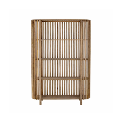 Natural wood four-tier shelf with open slatted sides, ideal for event rentals, bar back setups, champagne displays, or retail product showcasing.