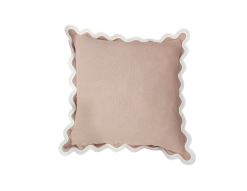 Soft brown pillow with ivory scalloped edges.